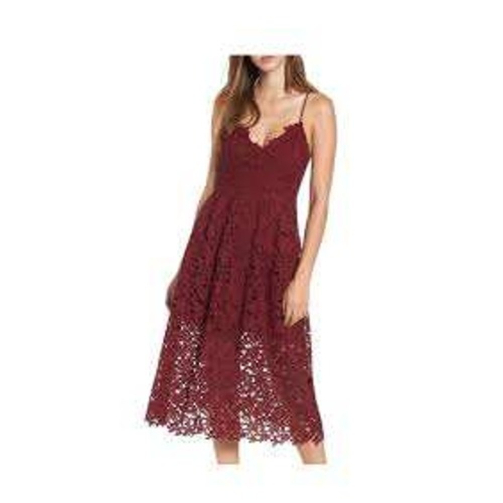 ASTR The Label Lace Midi Dress Womens M Burgundy Floral Cocktail Romantic Date